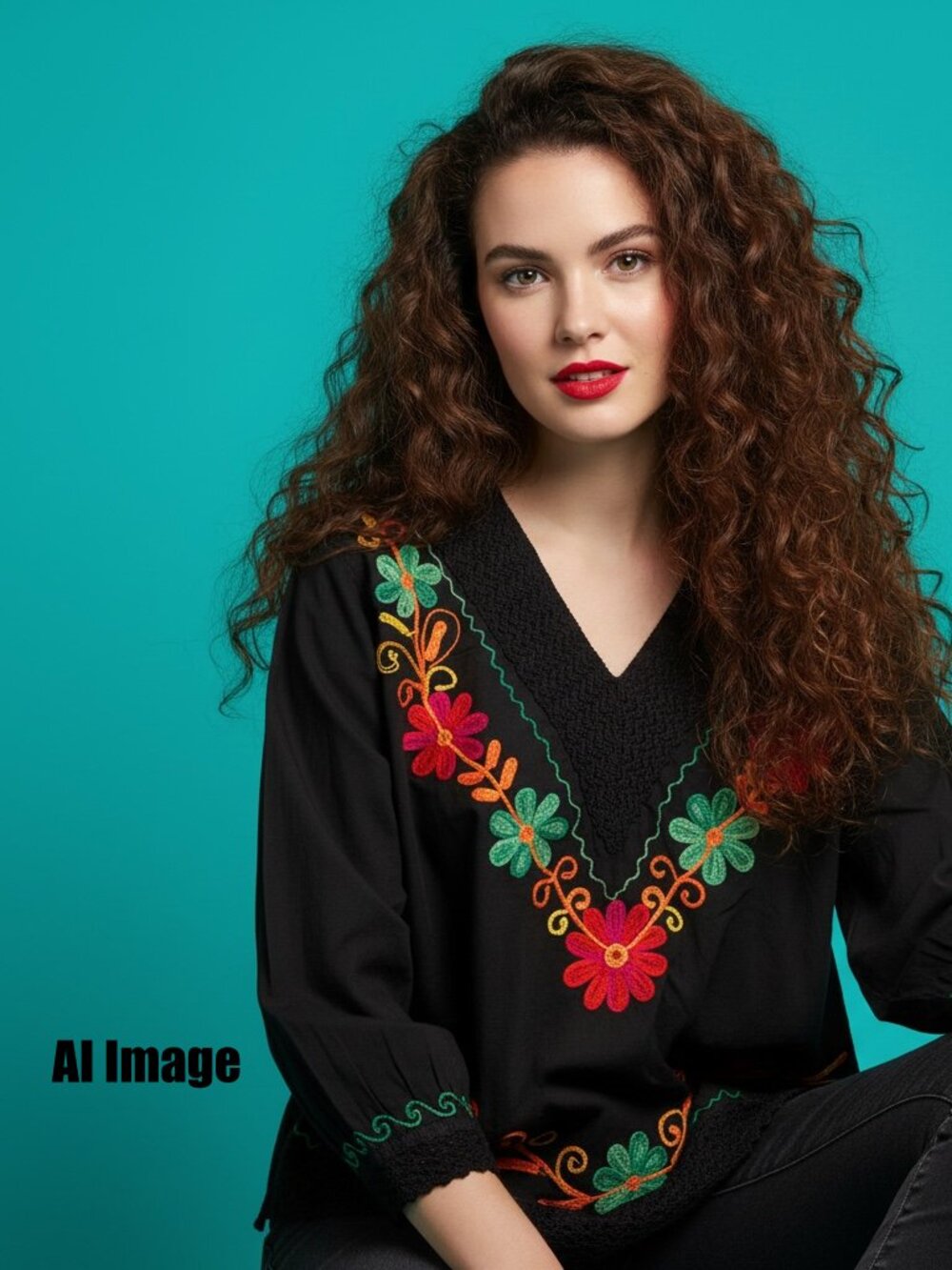 Royal Moda Black Cotton Embroidered Peasant Blouse Size XL Boho